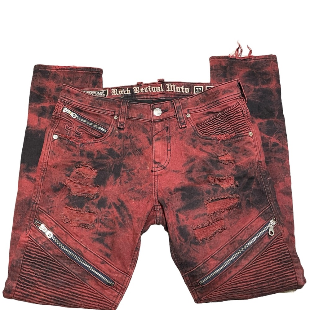 ROCK REVIVAL MOTO DAVIDAY S205 SKINNY LEG TIE DYE RED DENIM JEANS
